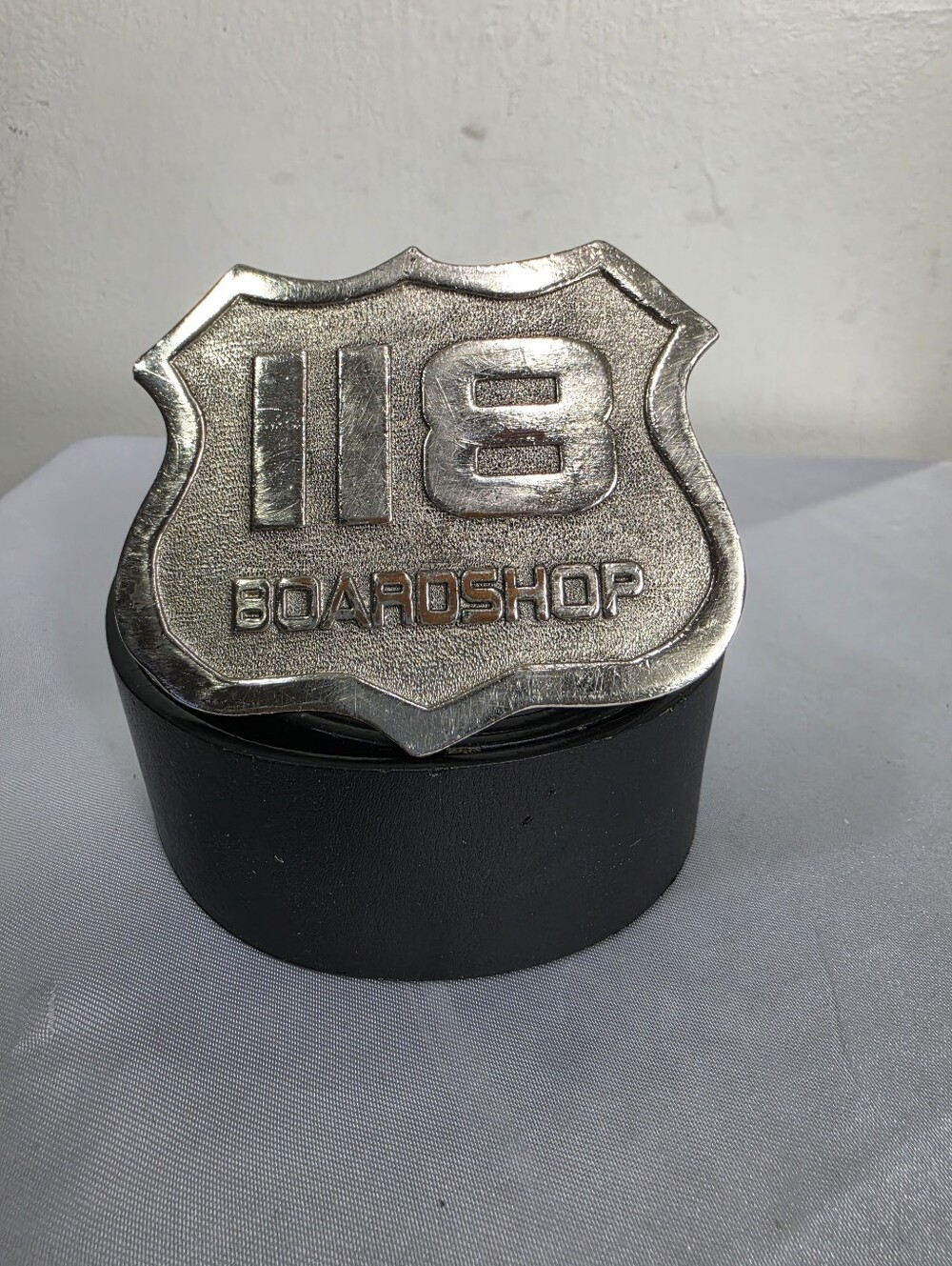 Silver Shield Belt Buckle with Black Leather Strap Belt